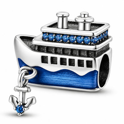 Blue Cruise Ship Sterling Silver Charm Hallmarked S925 for Charm Bracelet and Necklace