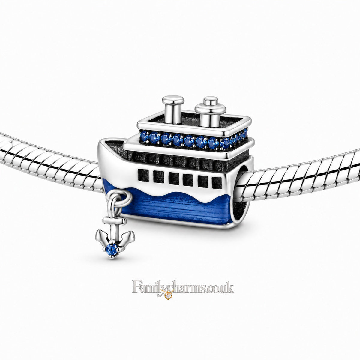 Blue Cruise Ship Sterling Silver Charm Hallmarked S925 for Charm Bracelet and Necklace