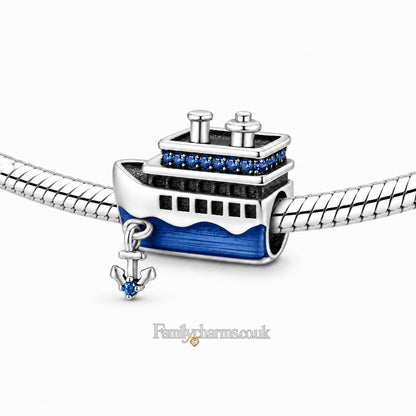 Blue Cruise Ship Sterling Silver Charm Hallmarked S925 for Charm Bracelet and Necklace