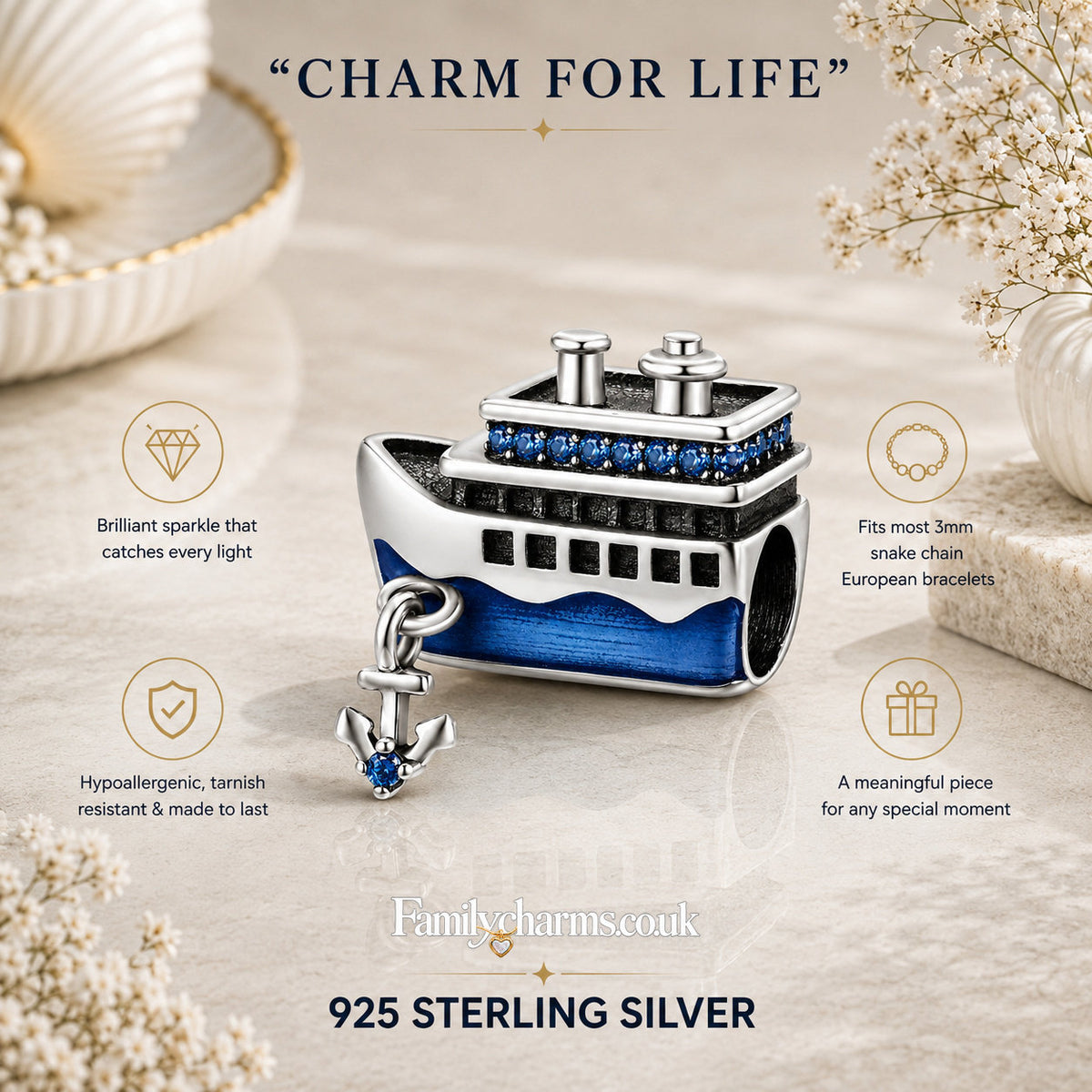 Blue Cruise Ship Sterling Silver Charm Hallmarked S925 for Charm Bracelet and Necklace