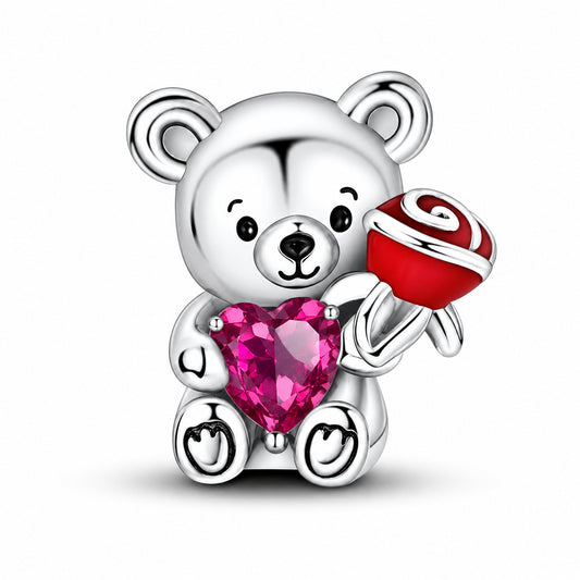 Cute Bear Love Heart With Rose Charm Hallmarked S925 for Charm Bracelet and Necklace