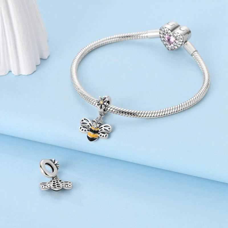 Cute Bee Dangle Sterling Silver Charm Hallmarked S925 for Charm Bracelet and Necklace