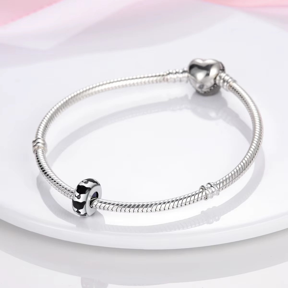 Cute Cat Charm Stopper with Silicone Ring Sterling Silver Charm Hallmarked S925 for Charm Bracelet and Necklace