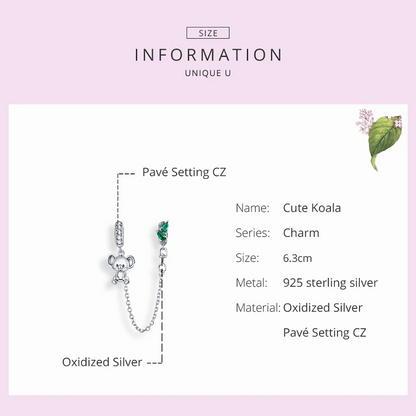 Cute Koala Safety Chain Sterling Silver Charm Hallmarked S925 for Charm Bracelet and Necklace