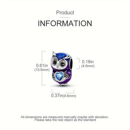 Cute Owl with Heart Sterling Silver Charm Hallmarked S925 for Charm Bracelet and Necklace