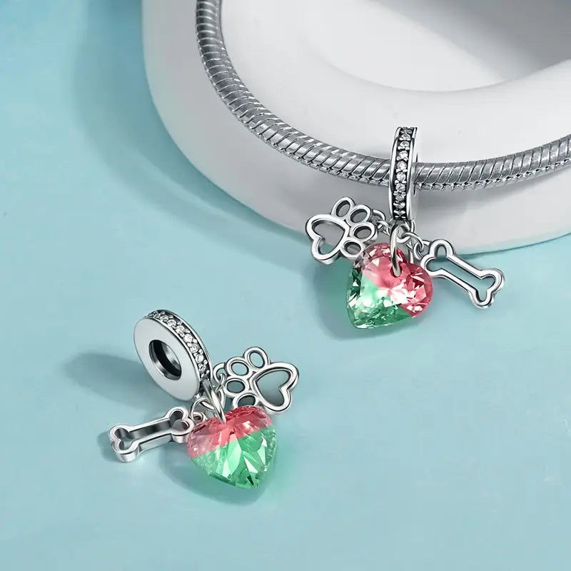 Cute Pet Paw Print Green And Red Heart-Shaped Dangle Sterling Silver Charm Hallmarked S925 for Charm Bracelet and Necklace