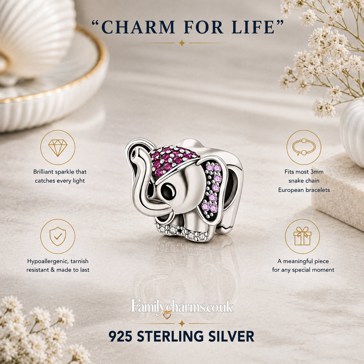 Cute Baby Elephant Charm Hallmarked S925 for Charm Bracelet and Necklace