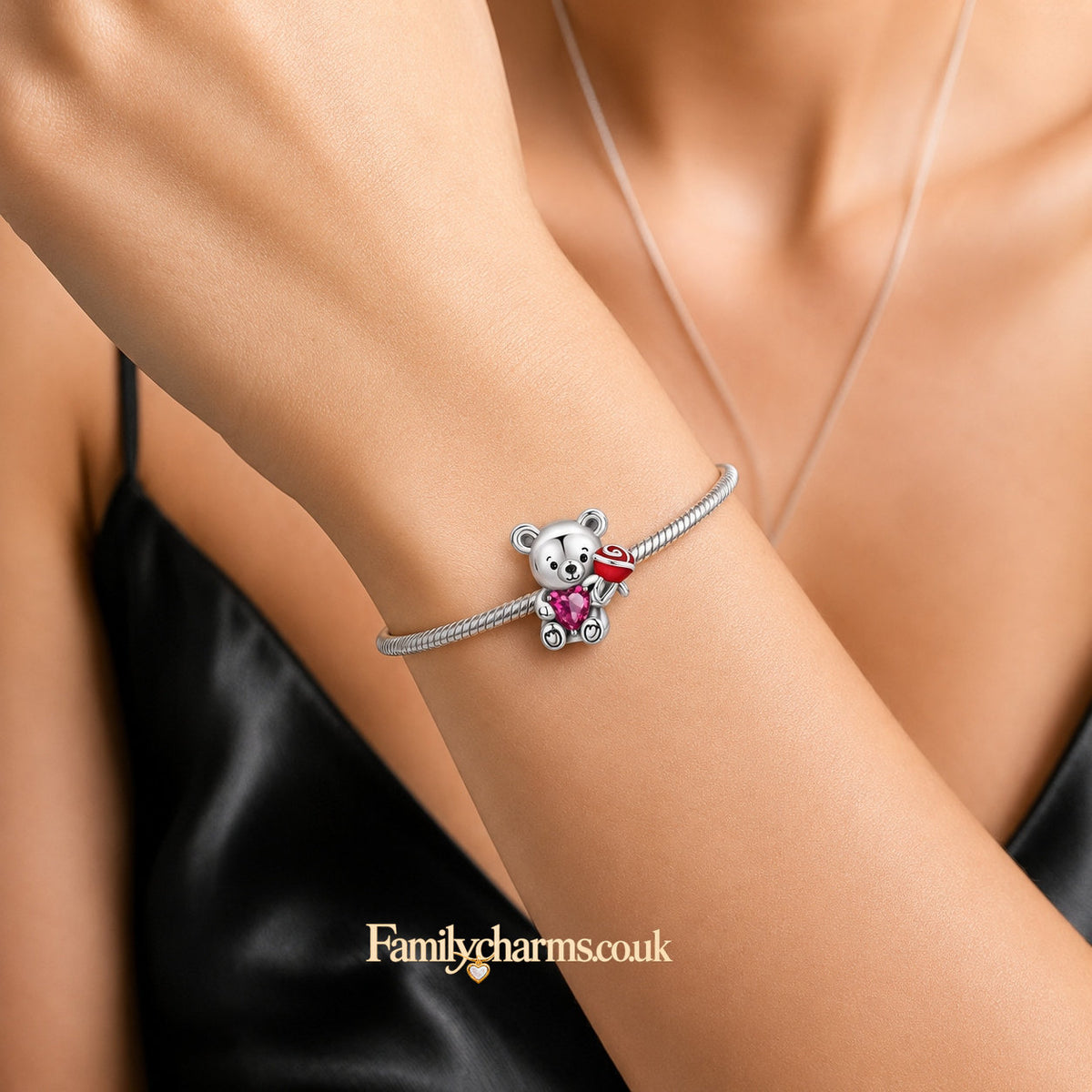 Graduation Bear Charm With Pink Heart Charm Hallmarked S925 for Charm Bracelet and Necklace