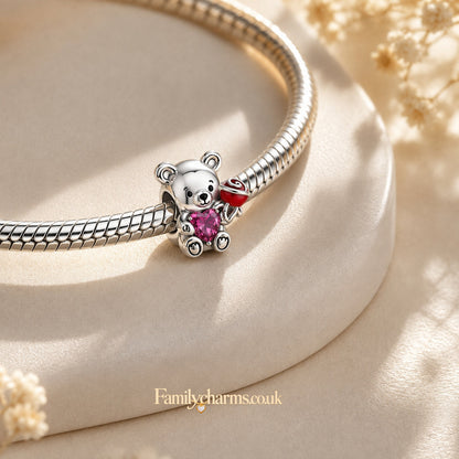 Graduation Bear Charm With Pink Heart Charm Hallmarked S925 for Charm Bracelet and Necklace