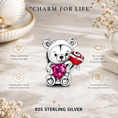 Graduation Bear Charm With Pink Heart Charm Hallmarked S925 for Charm Bracelet and Necklace