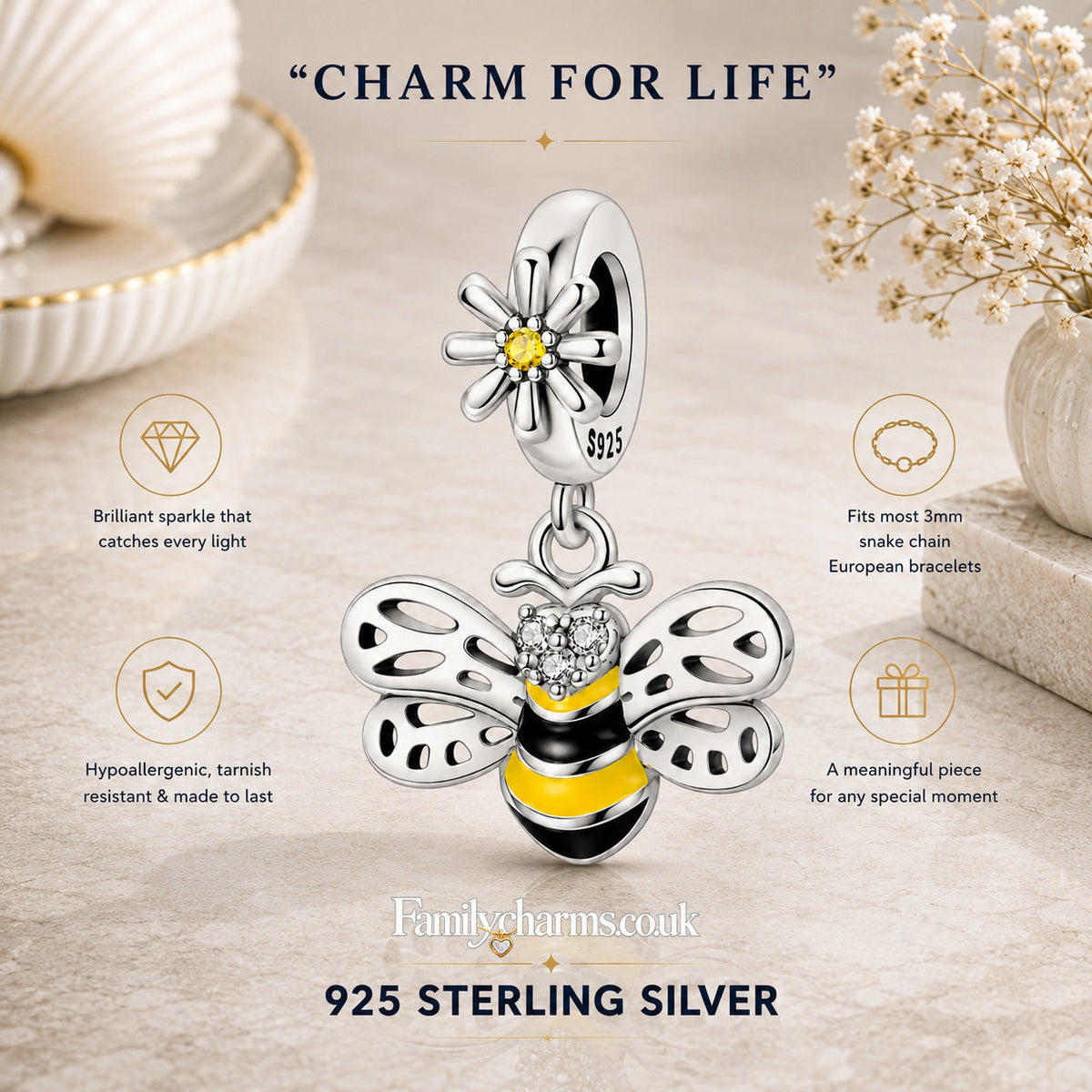 Cute Bee Dangle Sterling Silver Charm Hallmarked S925 for Charm Bracelet and Necklace