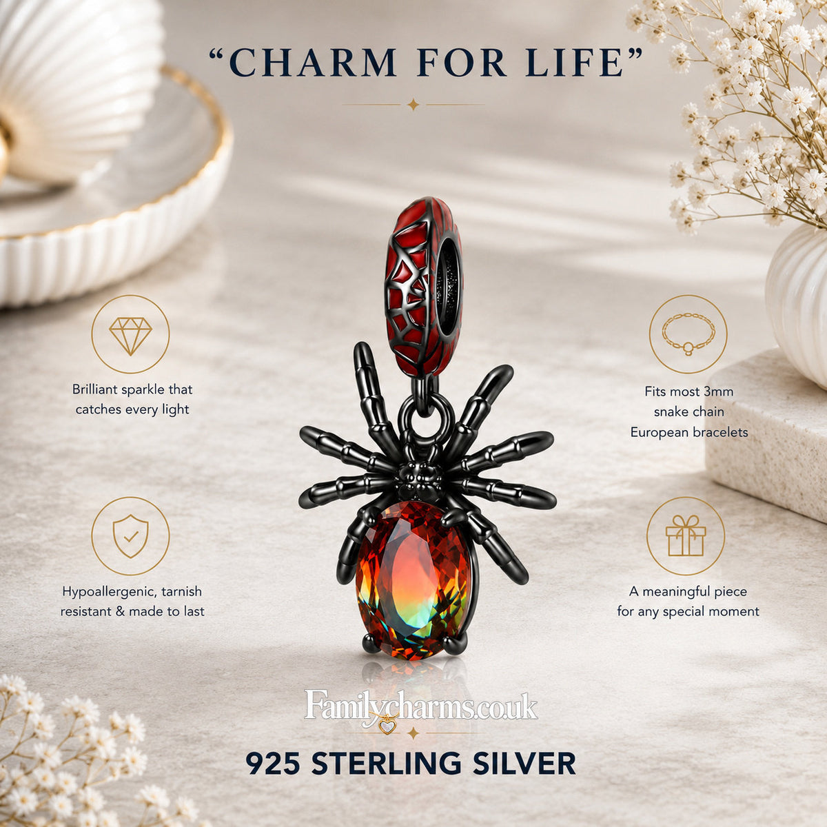 Cute Black Spider Sterling Silver Charm Hallmarked S925 for Charm Bracelet and Necklace