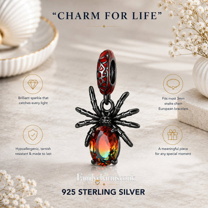 Cute Black Spider Sterling Silver Charm Hallmarked S925 for Charm Bracelet and Necklace