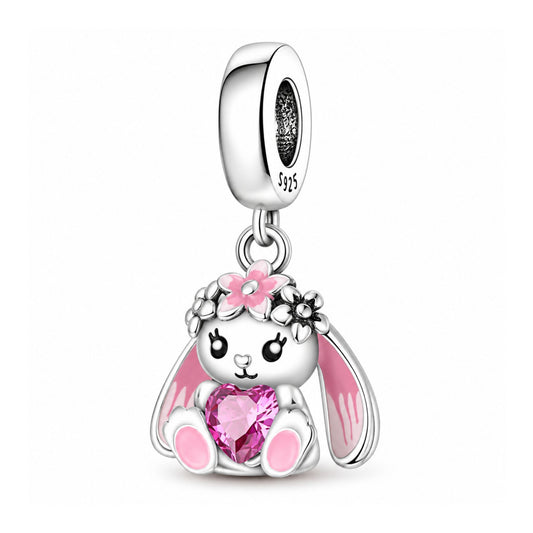 Cute Bunny Holding Heart Sterling Silver Charm Hallmarked S925 for Charm Bracelet and Necklace
