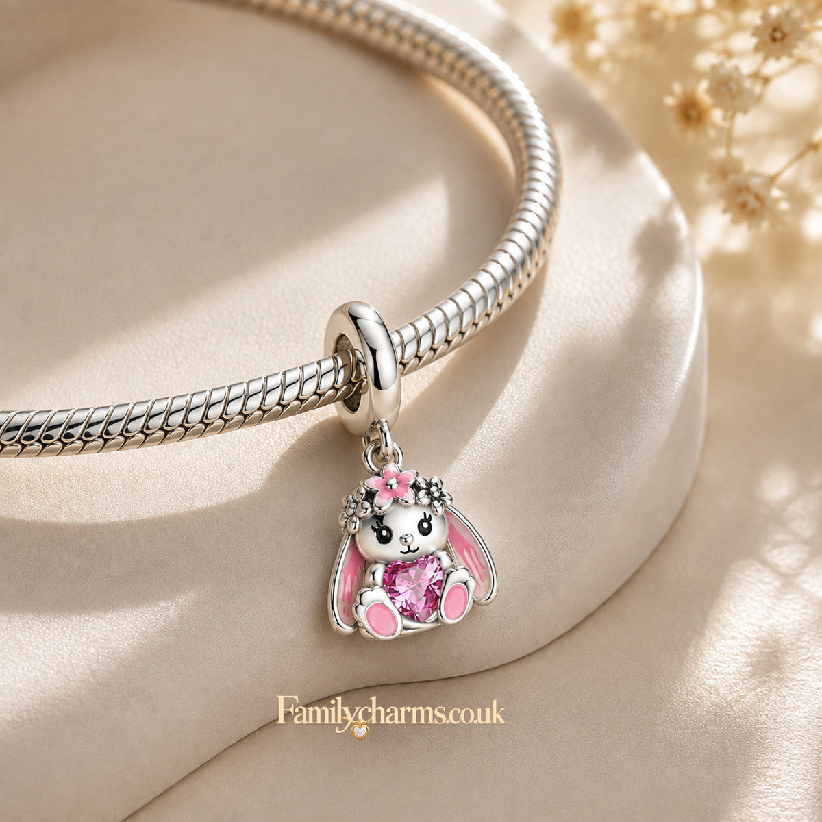 Cute Bunny Holding Heart Sterling Silver Charm Hallmarked S925 for Charm Bracelet and Necklace
