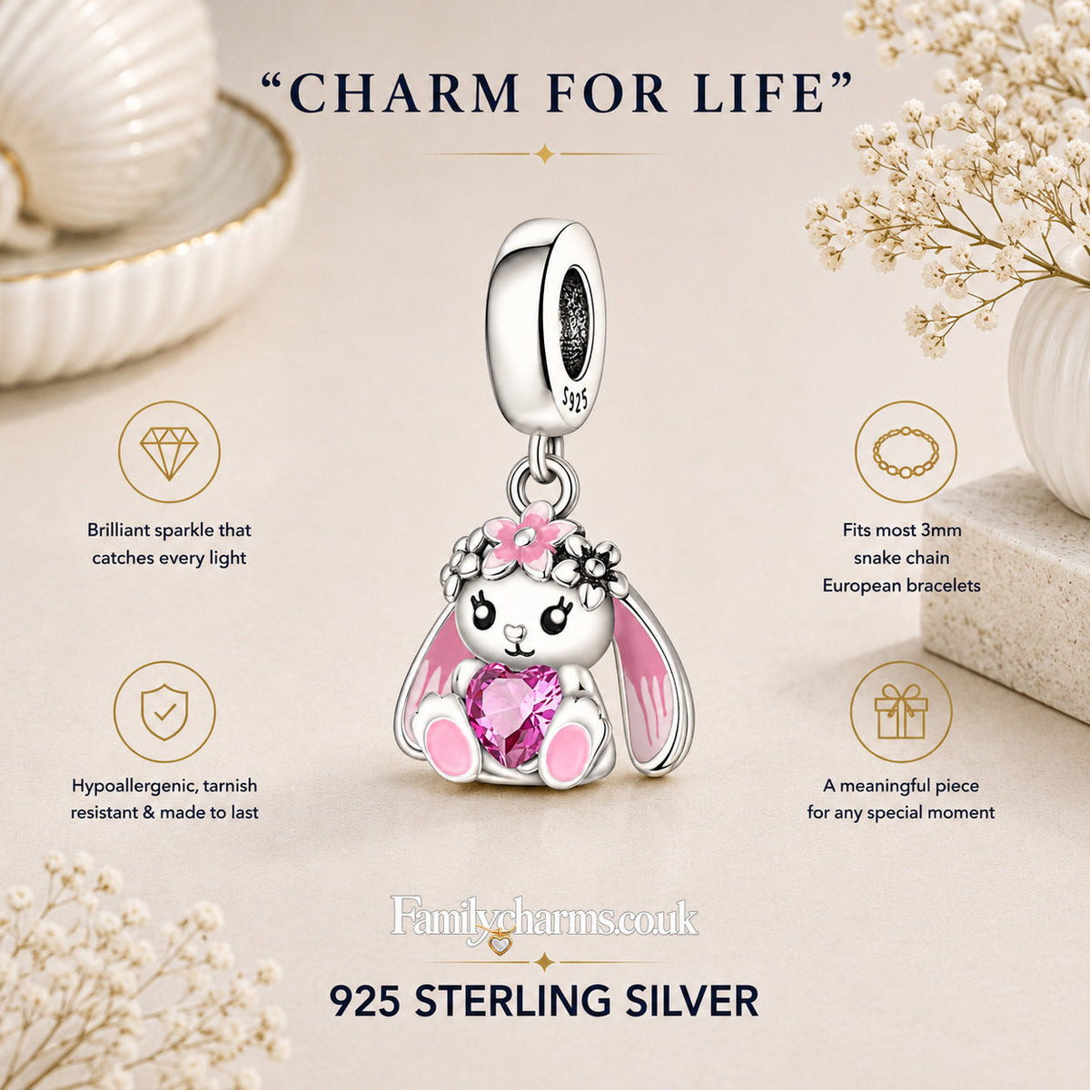 Cute Bunny Holding Heart Sterling Silver Charm Hallmarked S925 for Charm Bracelet and Necklace