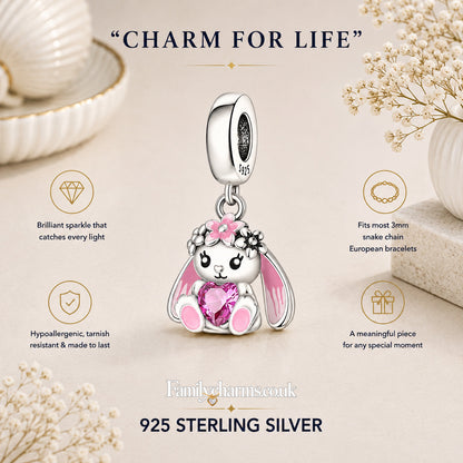 Cute Bunny Holding Heart Sterling Silver Charm Hallmarked S925 for Charm Bracelet and Necklace