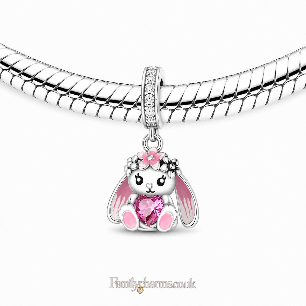 Cute Bunny Holding Heart Sterling Silver Charm Hallmarked S925 for Charm Bracelet and Necklace
