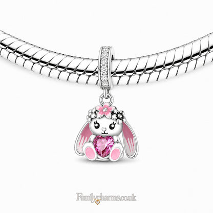 Cute Bunny Holding Heart Sterling Silver Charm Hallmarked S925 for Charm Bracelet and Necklace