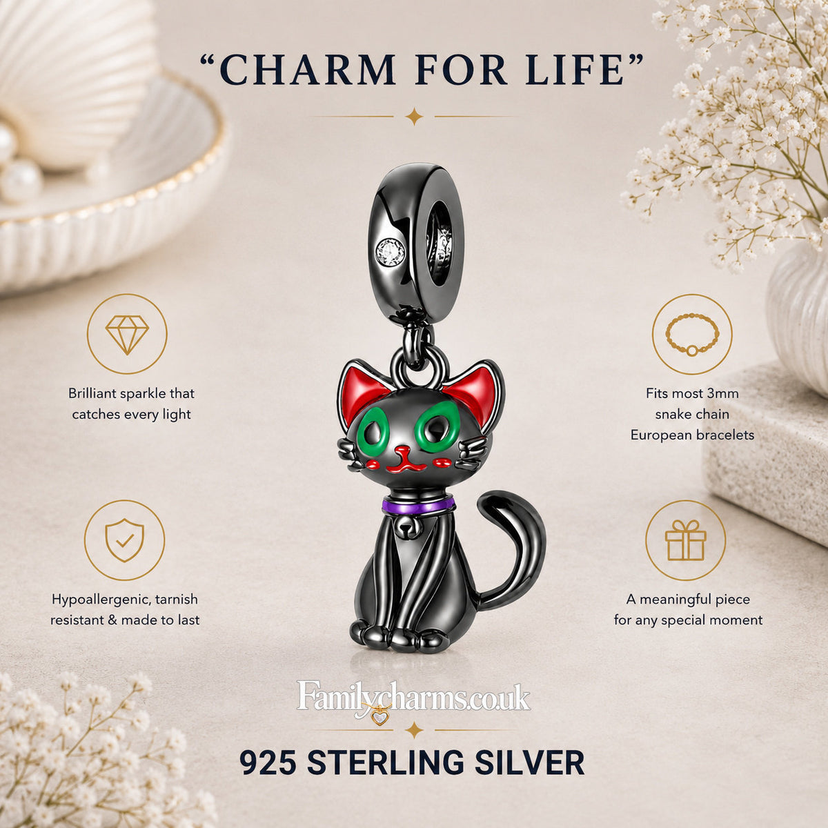 Cute Cat Pendant Charm for Bracelet, S925 Sterling Silver