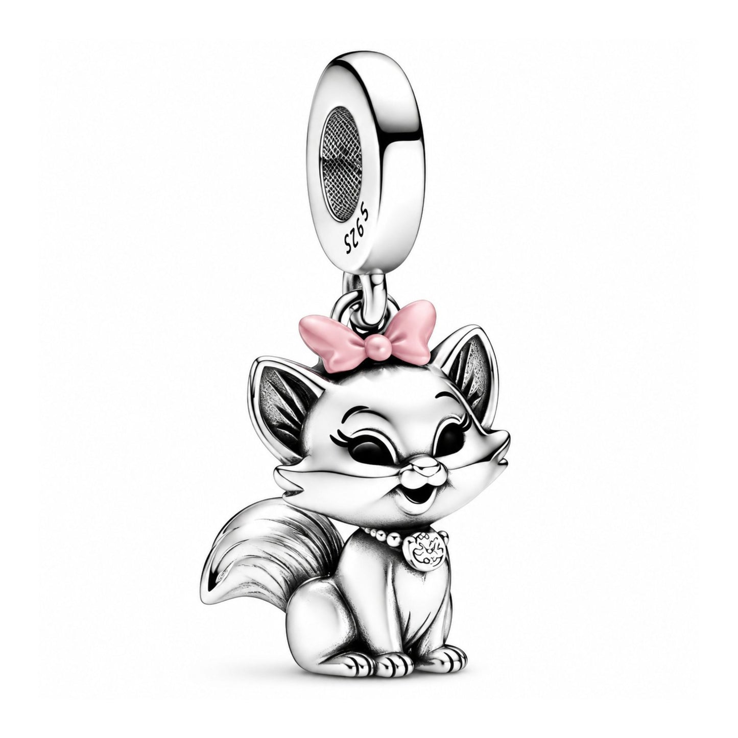 Cute Cat with Pink Bow Dangle Sterling Silver Charm Hallmarked S925 for Charm Bracelet and Necklace