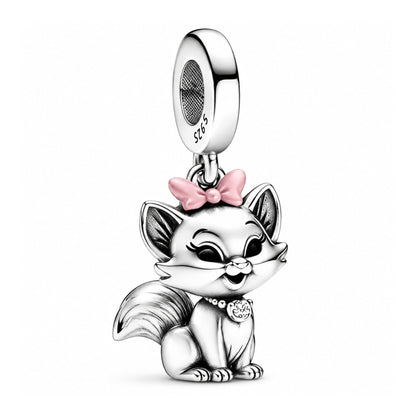 Cute Cat with Pink Bow Dangle Sterling Silver Charm Hallmarked S925 for Charm Bracelet and Necklace