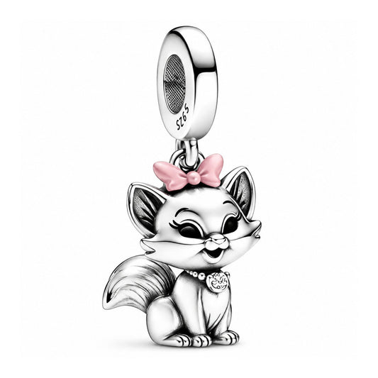 Cute Cat with Pink Bow Dangle Sterling Silver Charm Hallmarked S925 for Charm Bracelet and Necklace