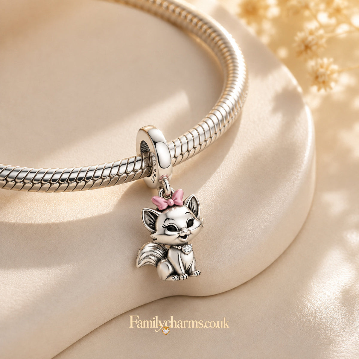 Cute Cat with Pink Bow Dangle Sterling Silver Charm Hallmarked S925 for Charm Bracelet and Necklace