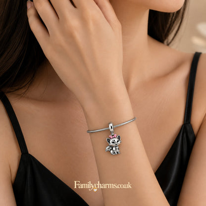 Cute Cat with Pink Bow Dangle Sterling Silver Charm Hallmarked S925 for Charm Bracelet and Necklace