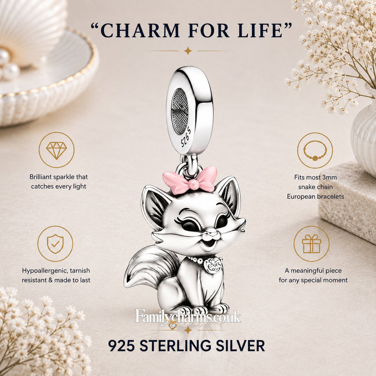 Cute Cat with Pink Bow Dangle Sterling Silver Charm Hallmarked S925 for Charm Bracelet and Necklace