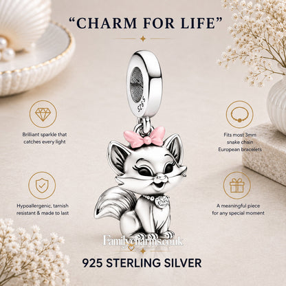 Cute Cat with Pink Bow Dangle Sterling Silver Charm Hallmarked S925 for Charm Bracelet and Necklace
