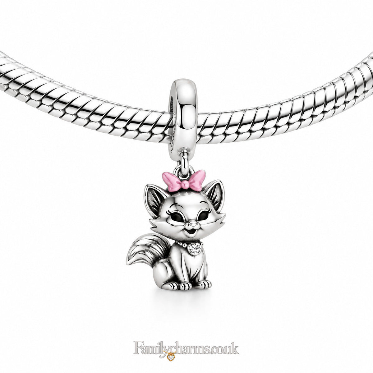 Cute Cat with Pink Bow Dangle Sterling Silver Charm Hallmarked S925 for Charm Bracelet and Necklace
