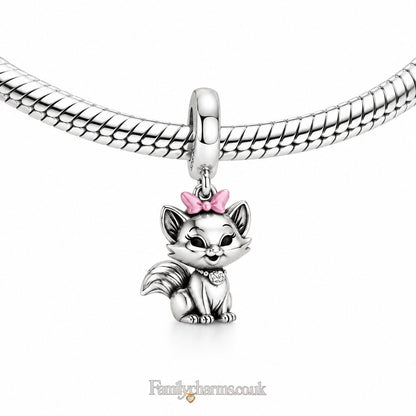 Cute Cat with Pink Bow Dangle Sterling Silver Charm Hallmarked S925 for Charm Bracelet and Necklace