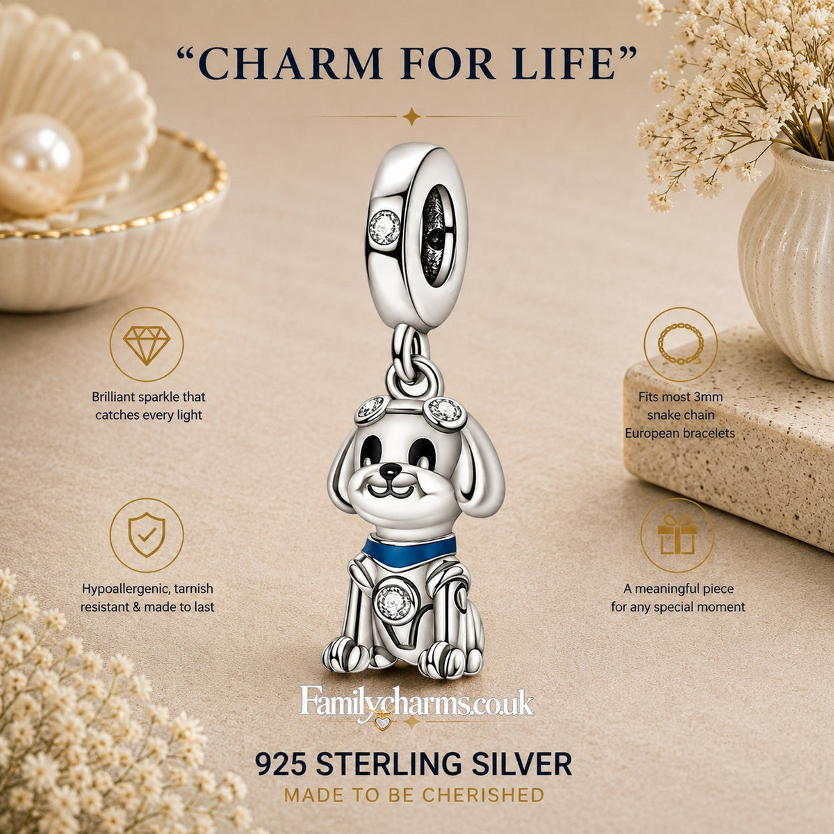 Cute Dog Dangle Sterling Silver Charm Hallmarked S925 for Charm Bracelet and Necklace