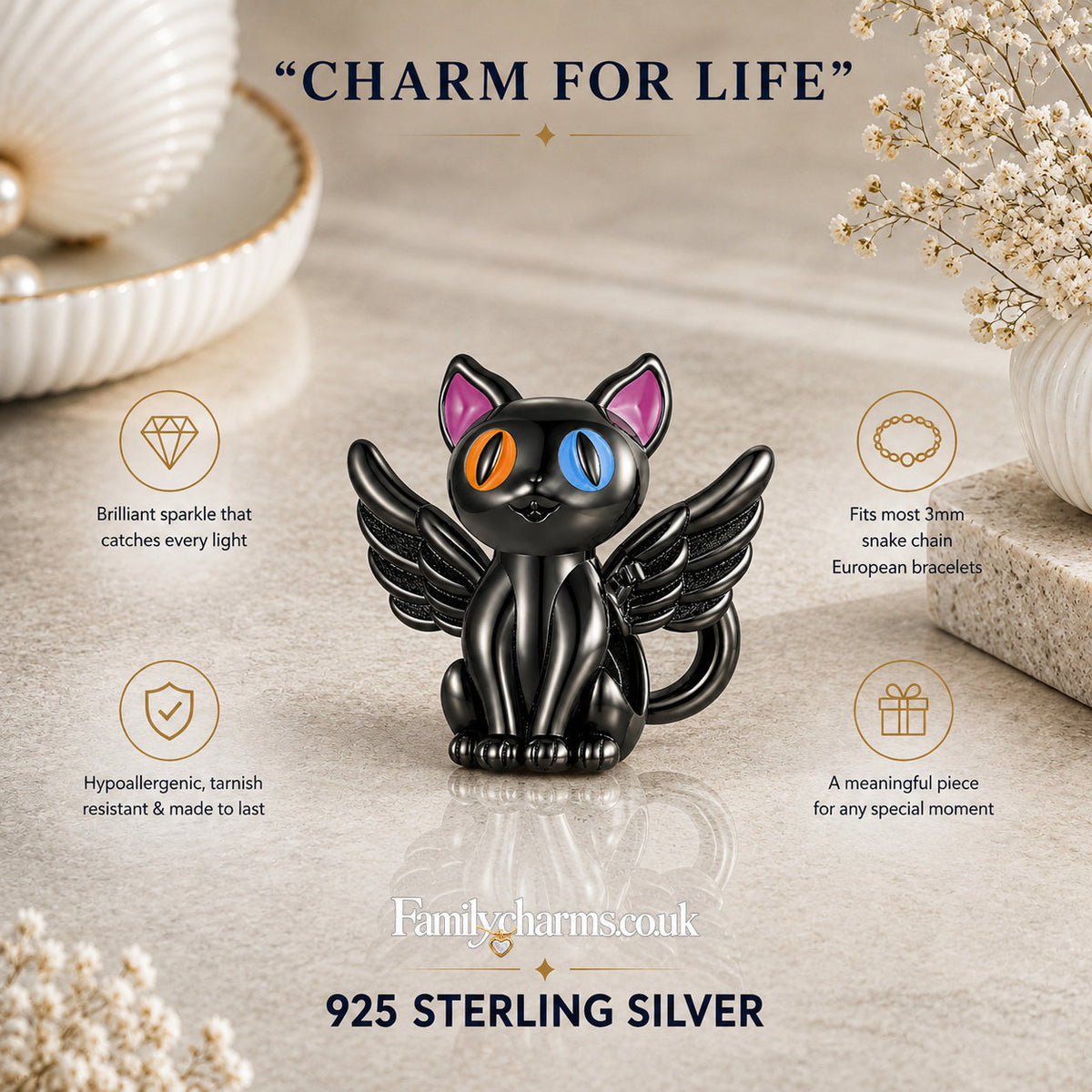 Cute Flying Cat Sterling Silver Charm Hallmarked S925 for Charm Bracelet and Necklace