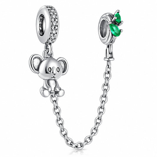 Cute Koala Safety Chain Sterling Silver Charm Hallmarked S925 for Charm Bracelet and Necklace