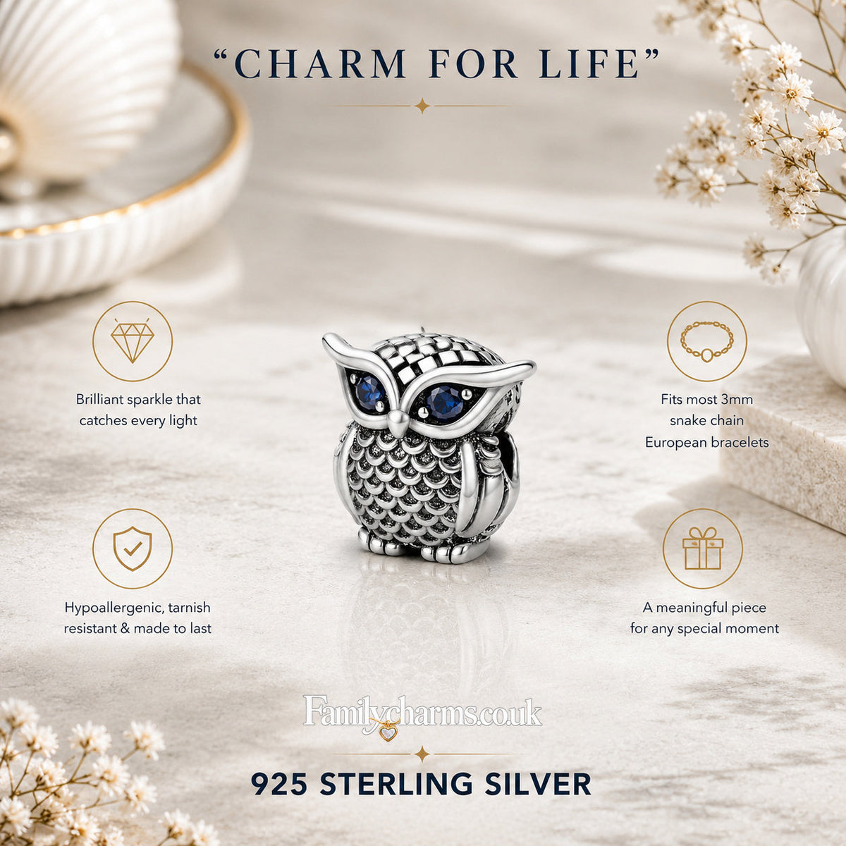 Cute Owl Charm Hallmarked S925 for Charm Bracelet and Necklace