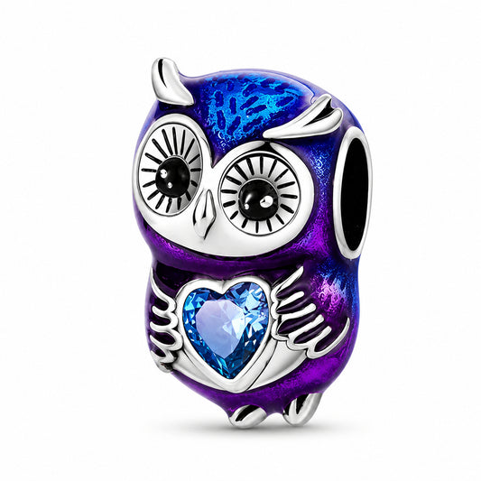 Cute Owl with Heart Sterling Silver Charm Hallmarked S925 for Charm Bracelet and Necklace