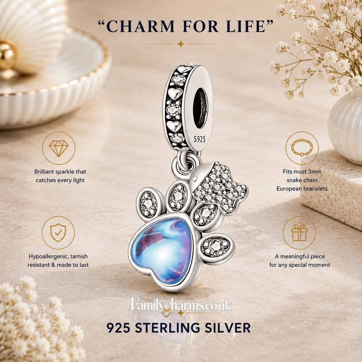 Paw Print Dangle Charm Sterling Silver Charm Hallmarked S925 for Charm Bracelet and Necklace