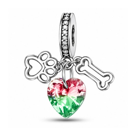 Cute Pet Paw Print Green And Red Heart-Shaped Dangle Sterling Silver Charm Hallmarked S925 for Charm Bracelet and Necklace
