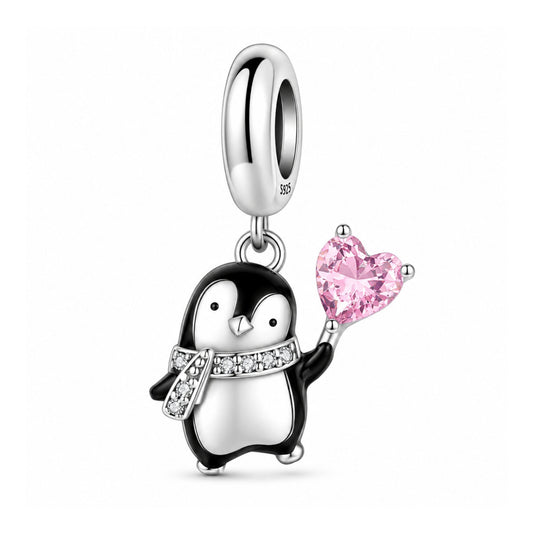 Cute Pink Heart Penguin Sterling Silver Charm Hallmarked S925 for Charm Bracelet and Necklace