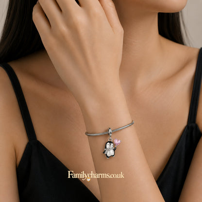 Cute Pink Heart Penguin Sterling Silver Charm Hallmarked S925 for Charm Bracelet and Necklace