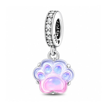 Glow in Dark Pink Paw Print Dangle Sterling Silver Charm Hallmarked S925 for Charm Bracelet and Necklace