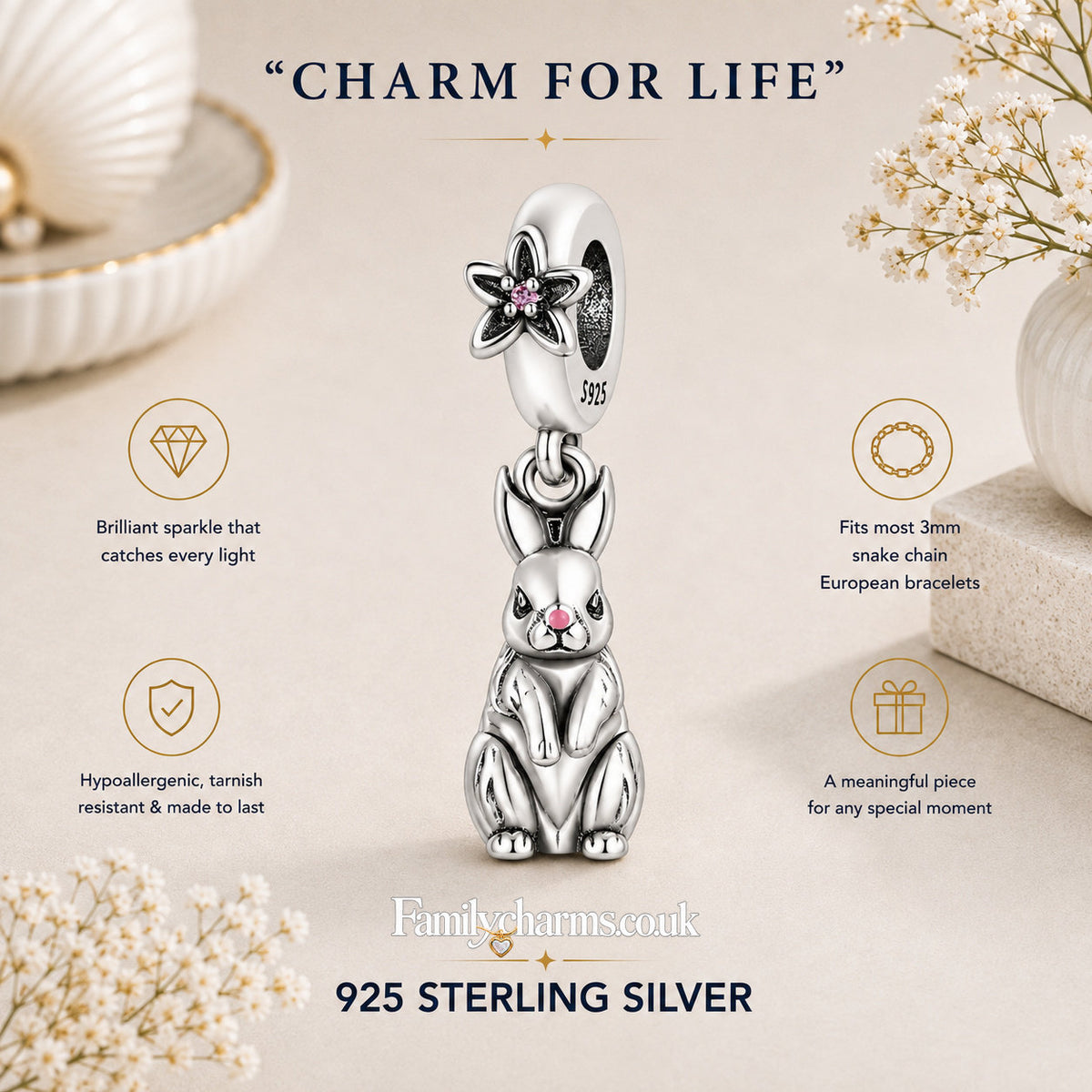 Cute Rabbit Bunny Dangle Charm Hallmarked S925 for Charm Bracelet and Necklace