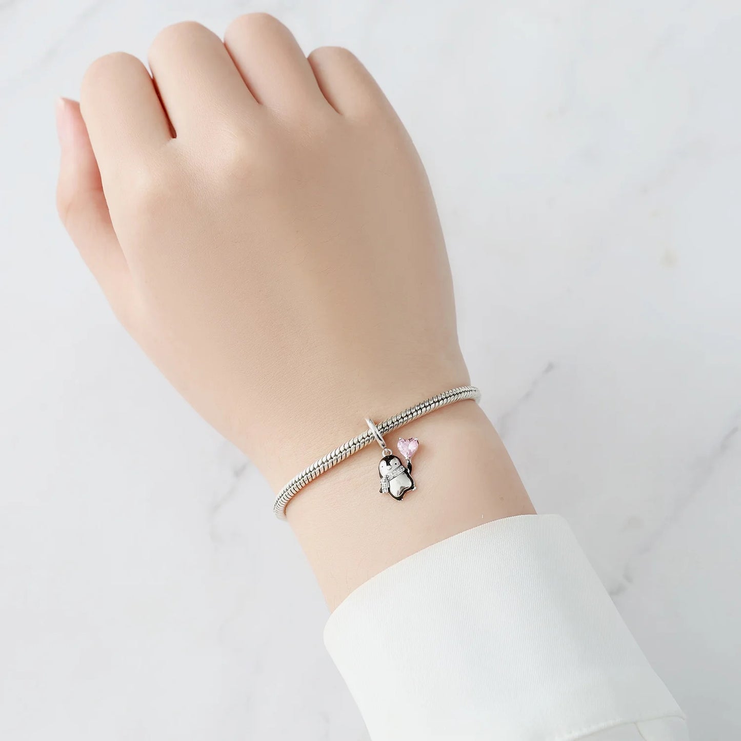 Cute Pink Heart Penguin Sterling Silver Charm Hallmarked S925 for Charm Bracelet and Necklace