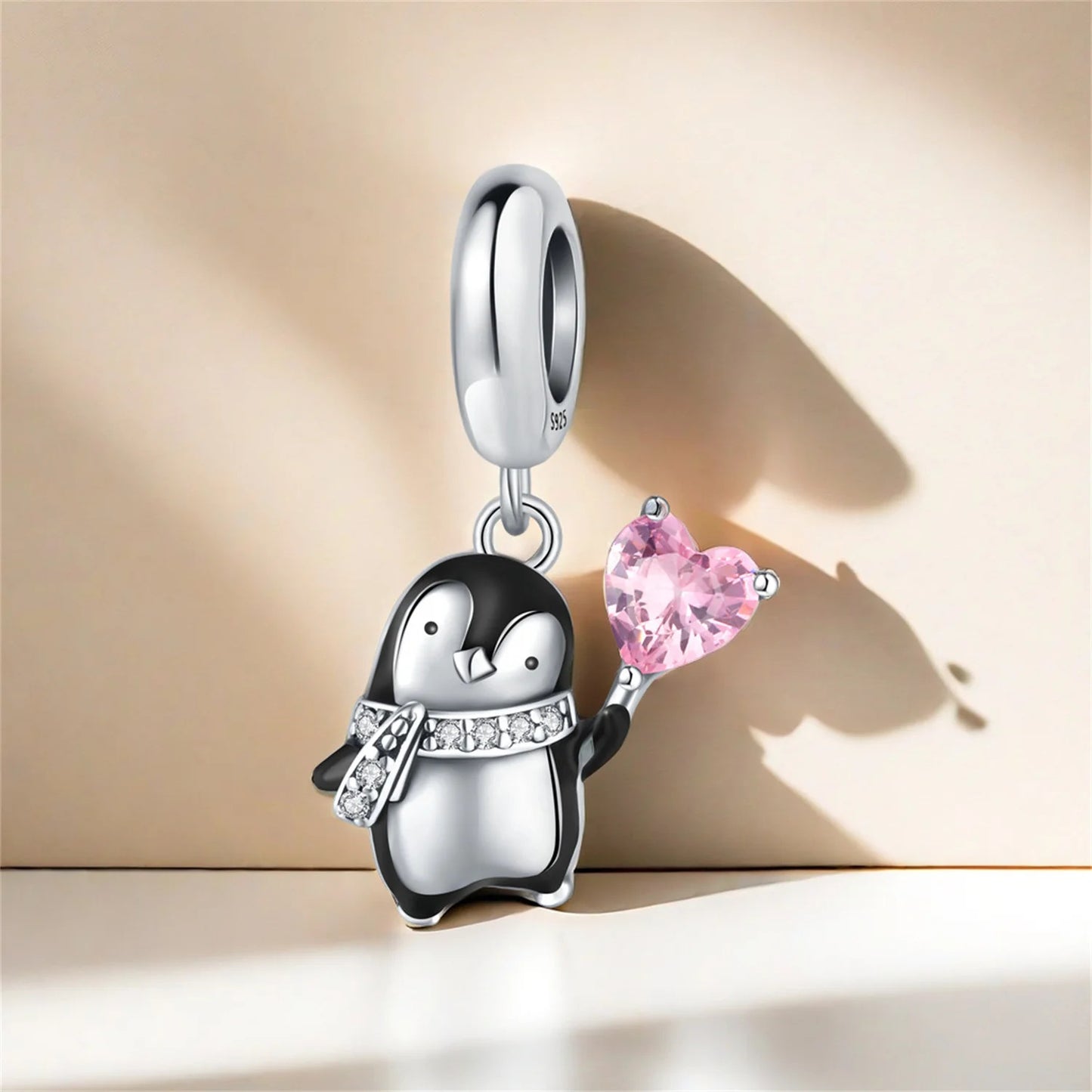 Cute Pink Heart Penguin Sterling Silver Charm Hallmarked S925 for Charm Bracelet and Necklace