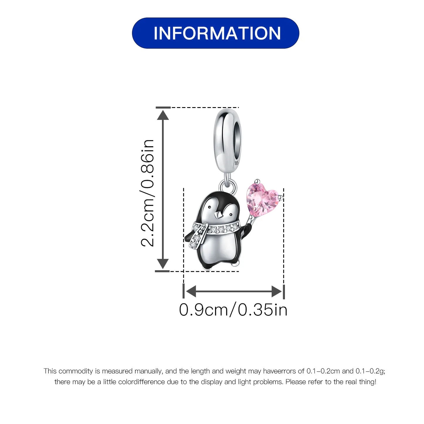 Cute Pink Heart Penguin Sterling Silver Charm Hallmarked S925 for Charm Bracelet and Necklace