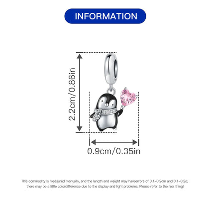Cute Pink Heart Penguin Sterling Silver Charm Hallmarked S925 for Charm Bracelet and Necklace