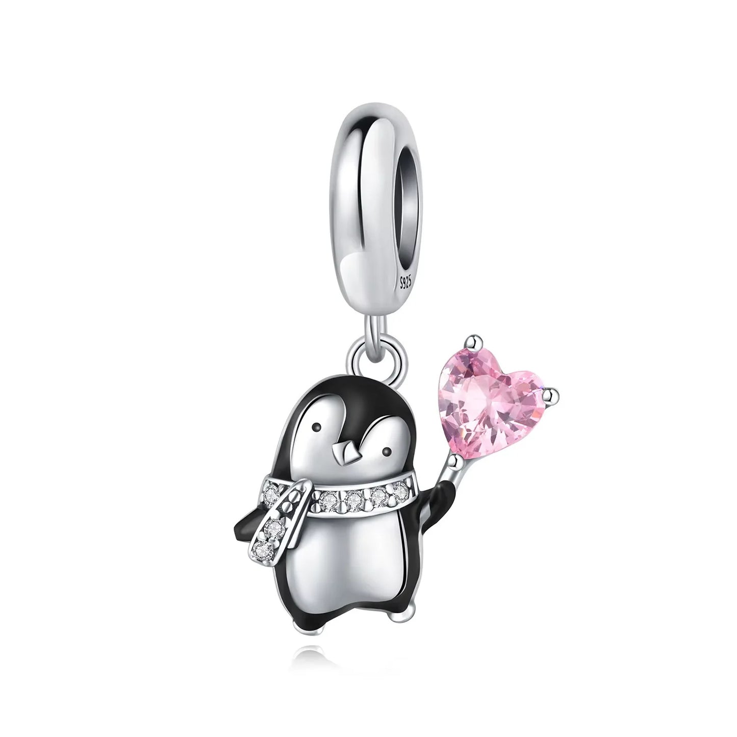 Cute Pink Heart Penguin Sterling Silver Charm Hallmarked S925 for Charm Bracelet and Necklace