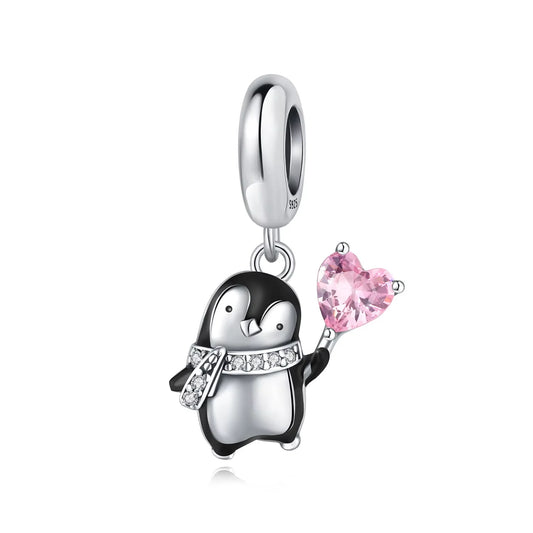 Cute Pink Heart Penguin Sterling Silver Charm Hallmarked S925 for Charm Bracelet and Necklace